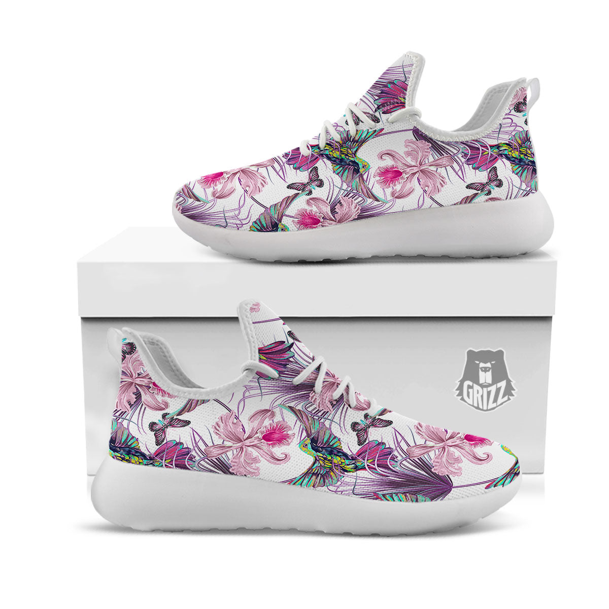 Hummingbird And Pink Flowers Print White Athletic Shoes-grizzshop