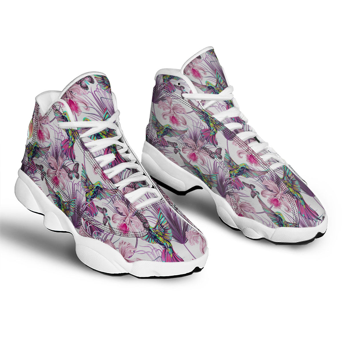Hummingbird And Pink Flowers Print White Basketball Shoes-grizzshop