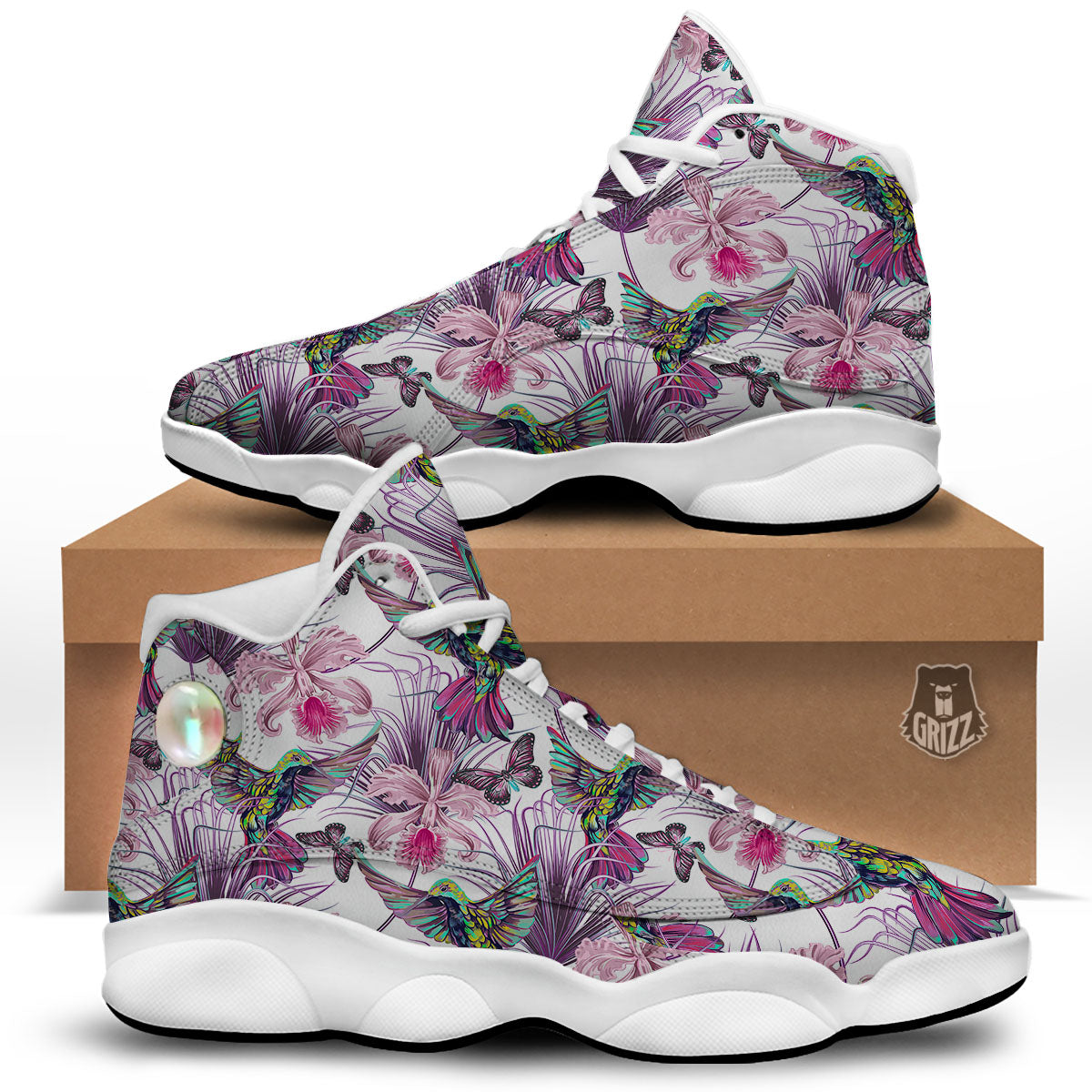 Hummingbird And Pink Flowers Print White Basketball Shoes-grizzshop