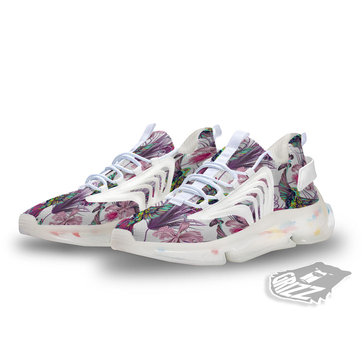 Hummingbird And Pink Flowers Print White Gym Shoes-grizzshop