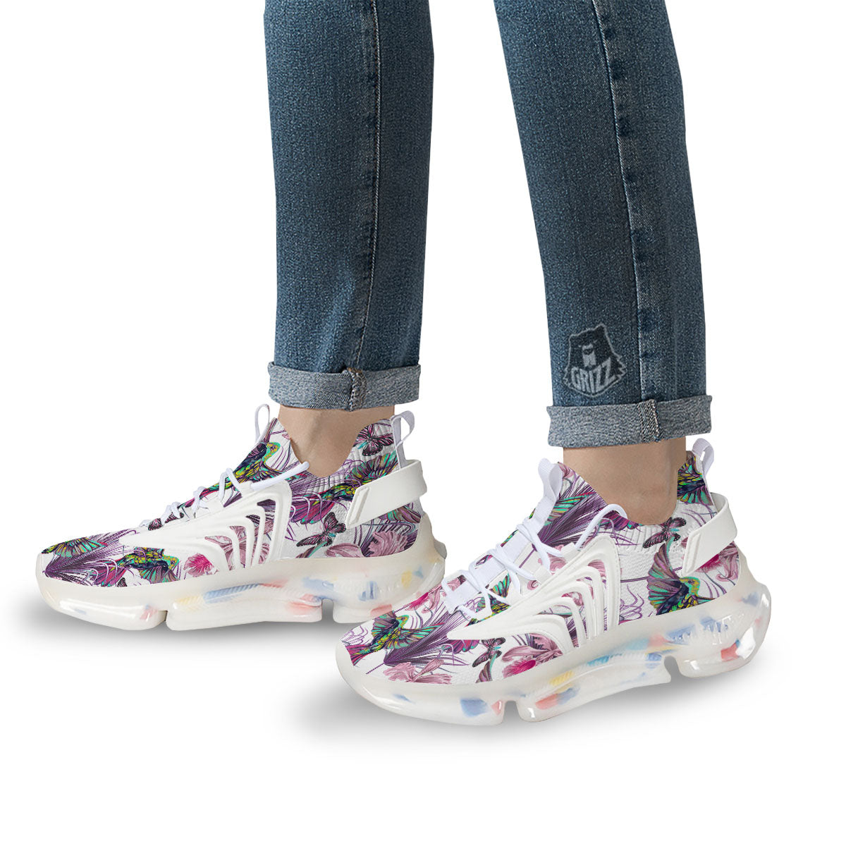 Hummingbird And Pink Flowers Print White Gym Shoes-grizzshop