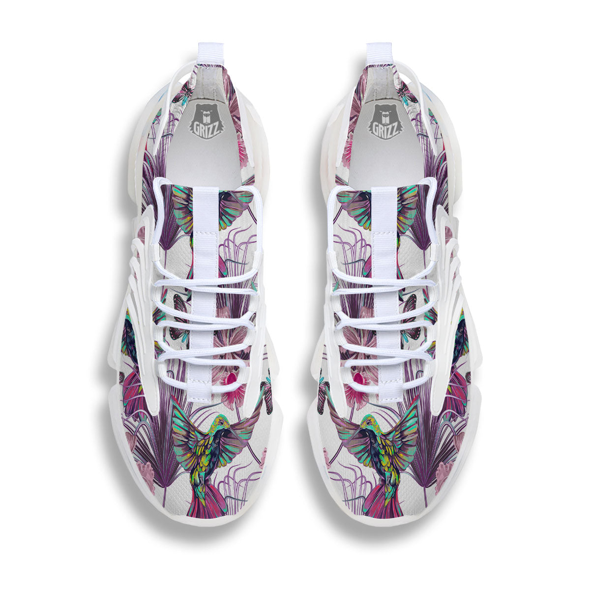Hummingbird And Pink Flowers Print White Gym Shoes-grizzshop