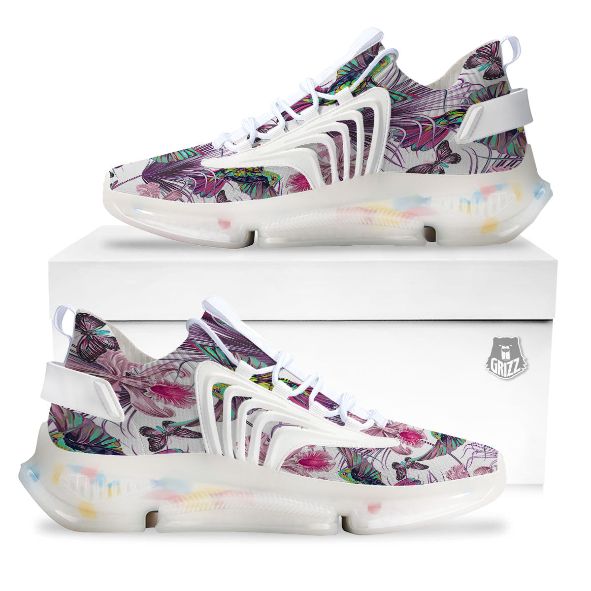 Hummingbird And Pink Flowers Print White Gym Shoes-grizzshop