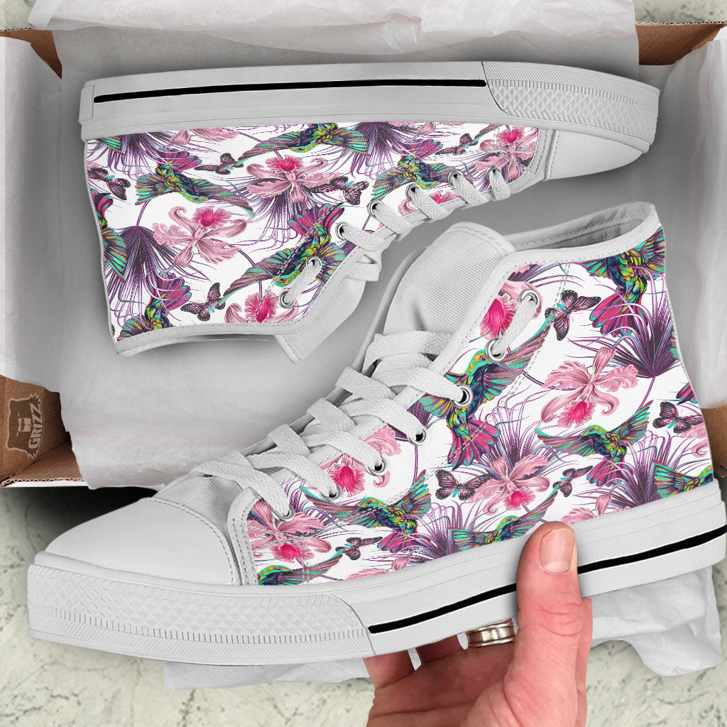 Hummingbird And Pink Flowers Print White High Top Shoes-grizzshop