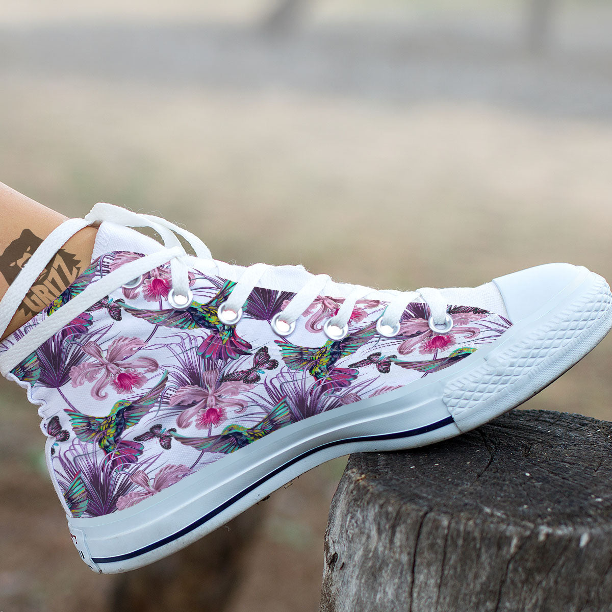 Hummingbird And Pink Flowers Print White High Top Shoes-grizzshop