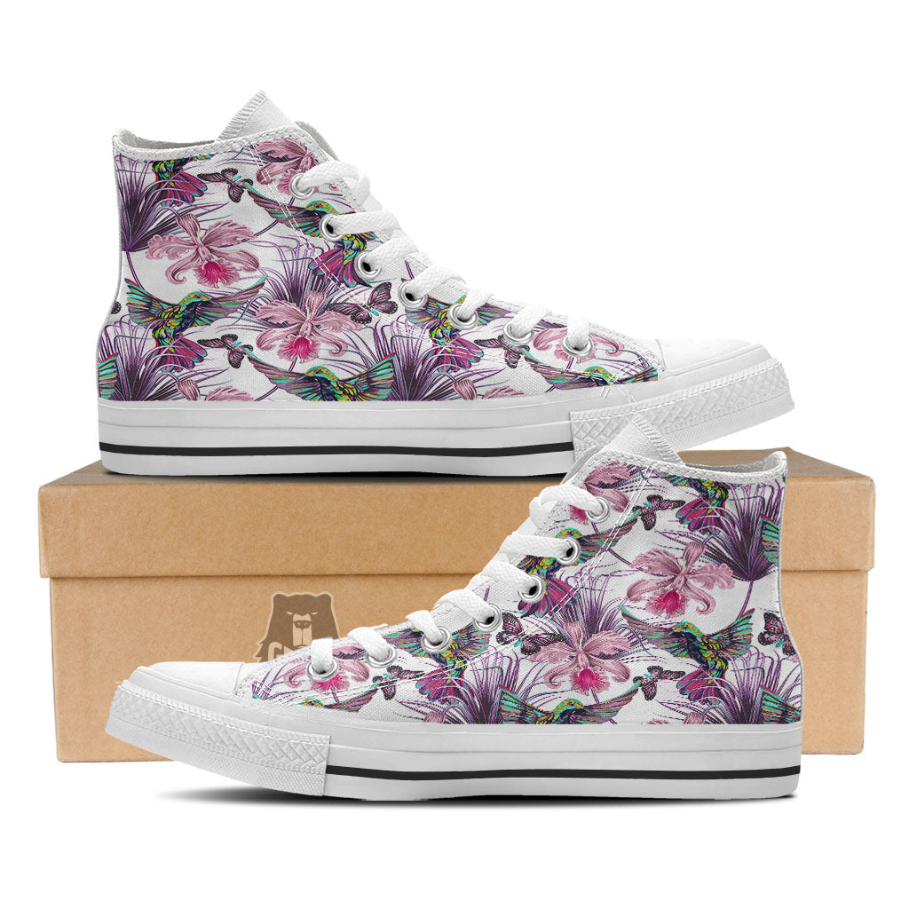 Hummingbird And Pink Flowers Print White High Top Shoes-grizzshop