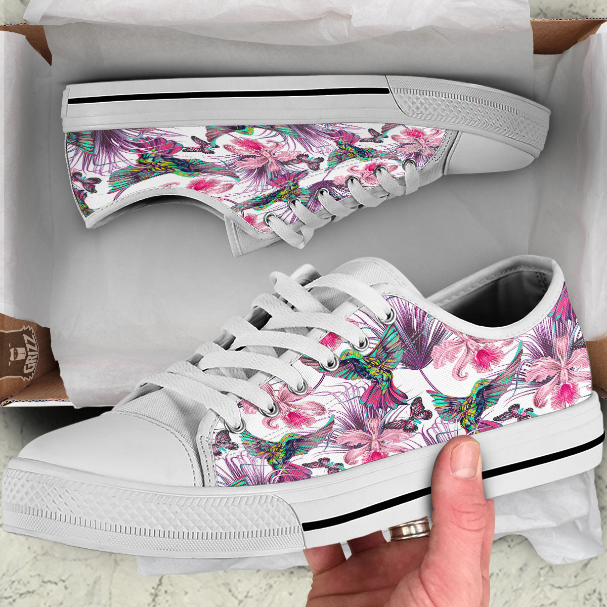 Hummingbird And Pink Flowers Print White Low Top Shoes-grizzshop