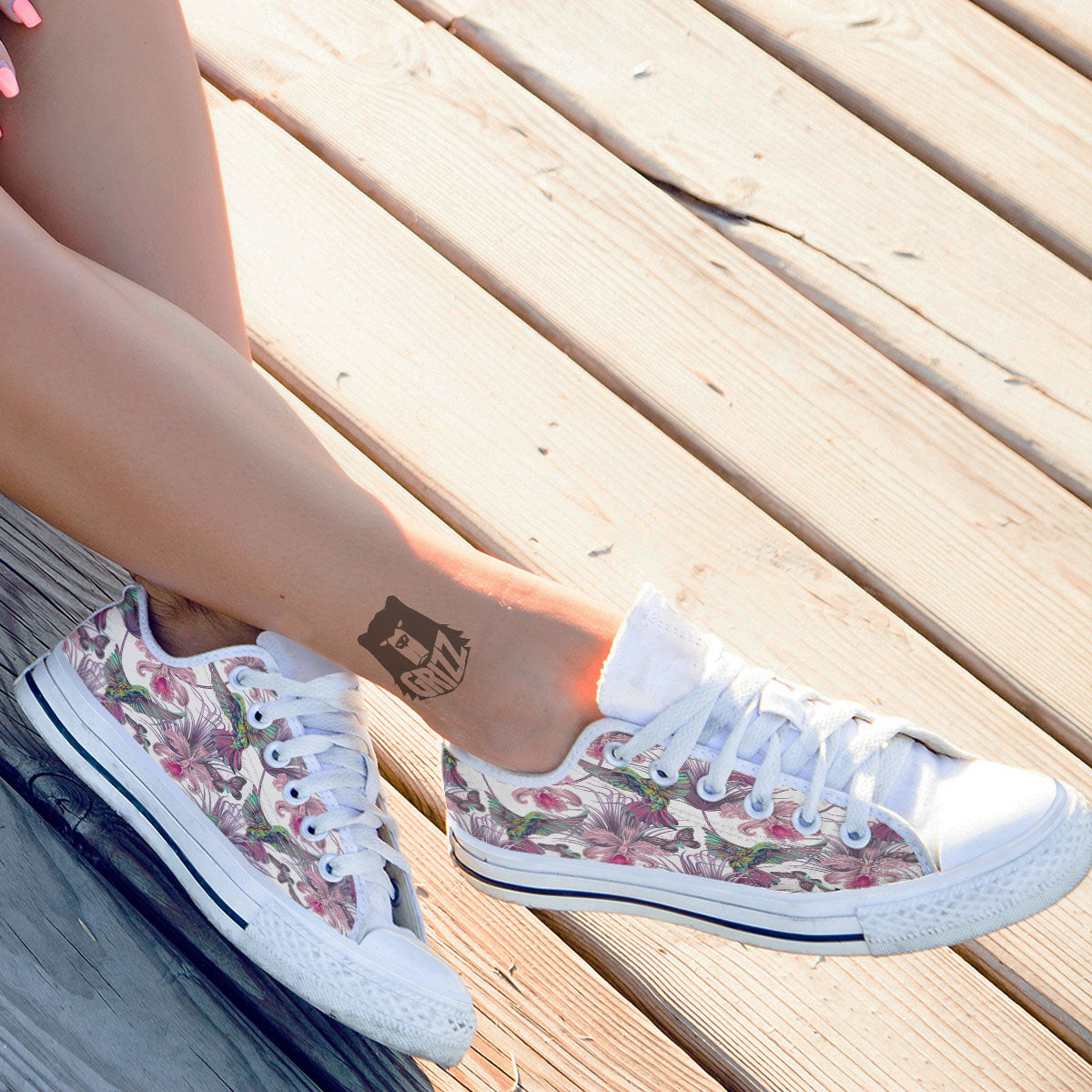 Hummingbird And Pink Flowers Print White Low Top Shoes-grizzshop