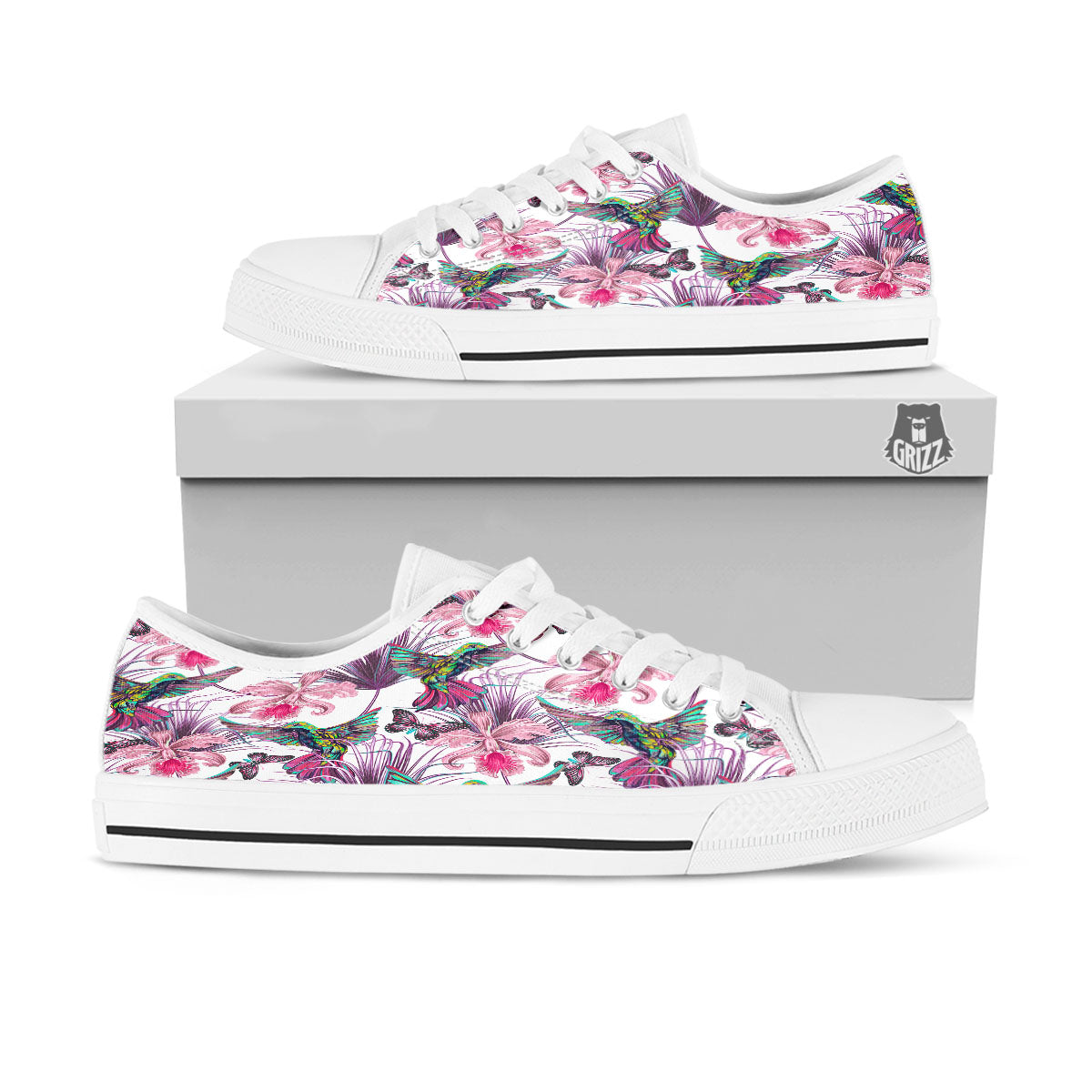 Hummingbird And Pink Flowers Print White Low Top Shoes-grizzshop