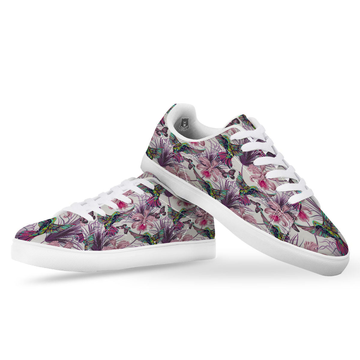 Hummingbird And Pink Flowers Print White Low Top Sneakers-grizzshop