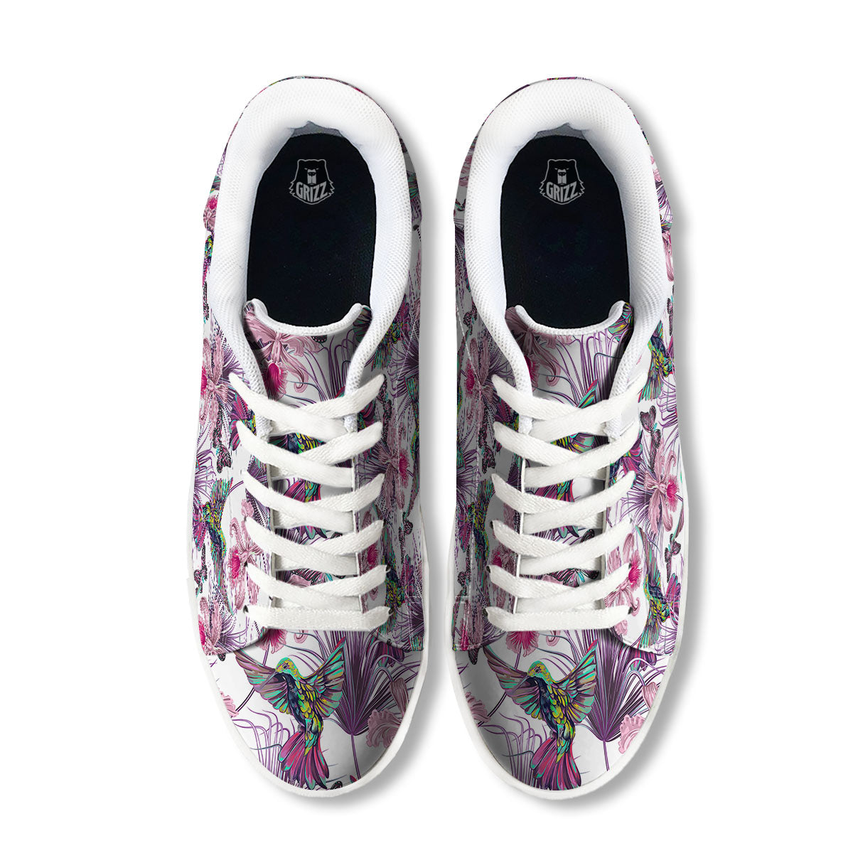 Hummingbird And Pink Flowers Print White Low Top Sneakers-grizzshop