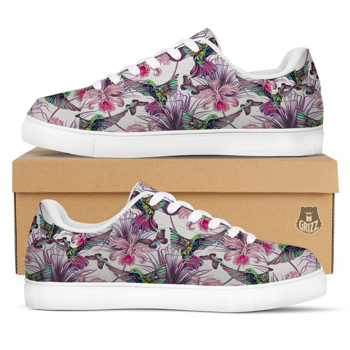 Hummingbird And Pink Flowers Print White Low Top Sneakers-grizzshop