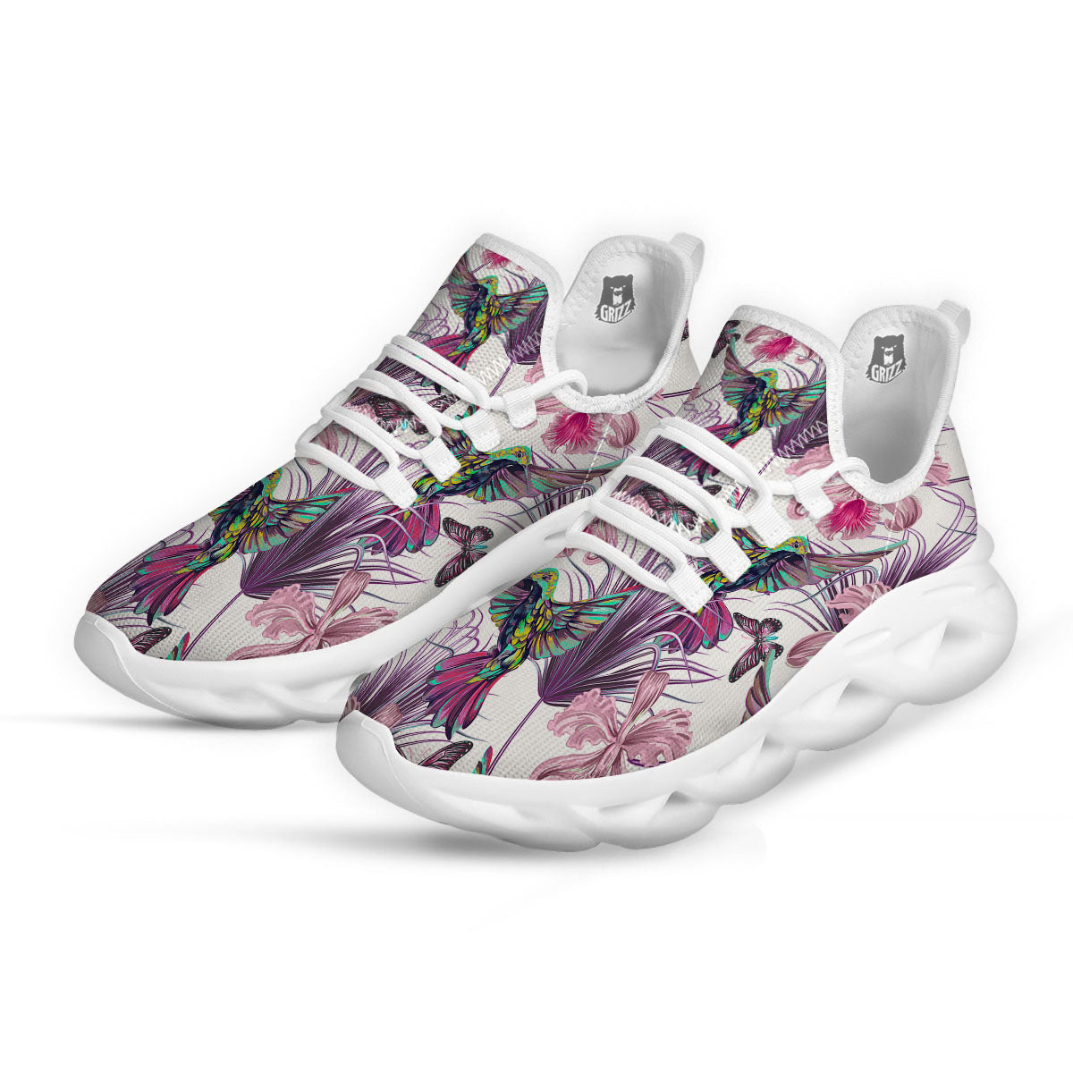 Hummingbird And Pink Flowers Print White Running Shoes-grizzshop