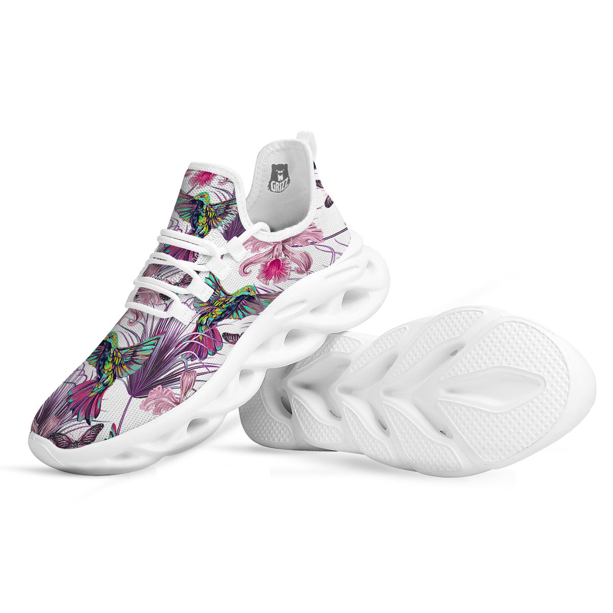 Hummingbird And Pink Flowers Print White Running Shoes-grizzshop