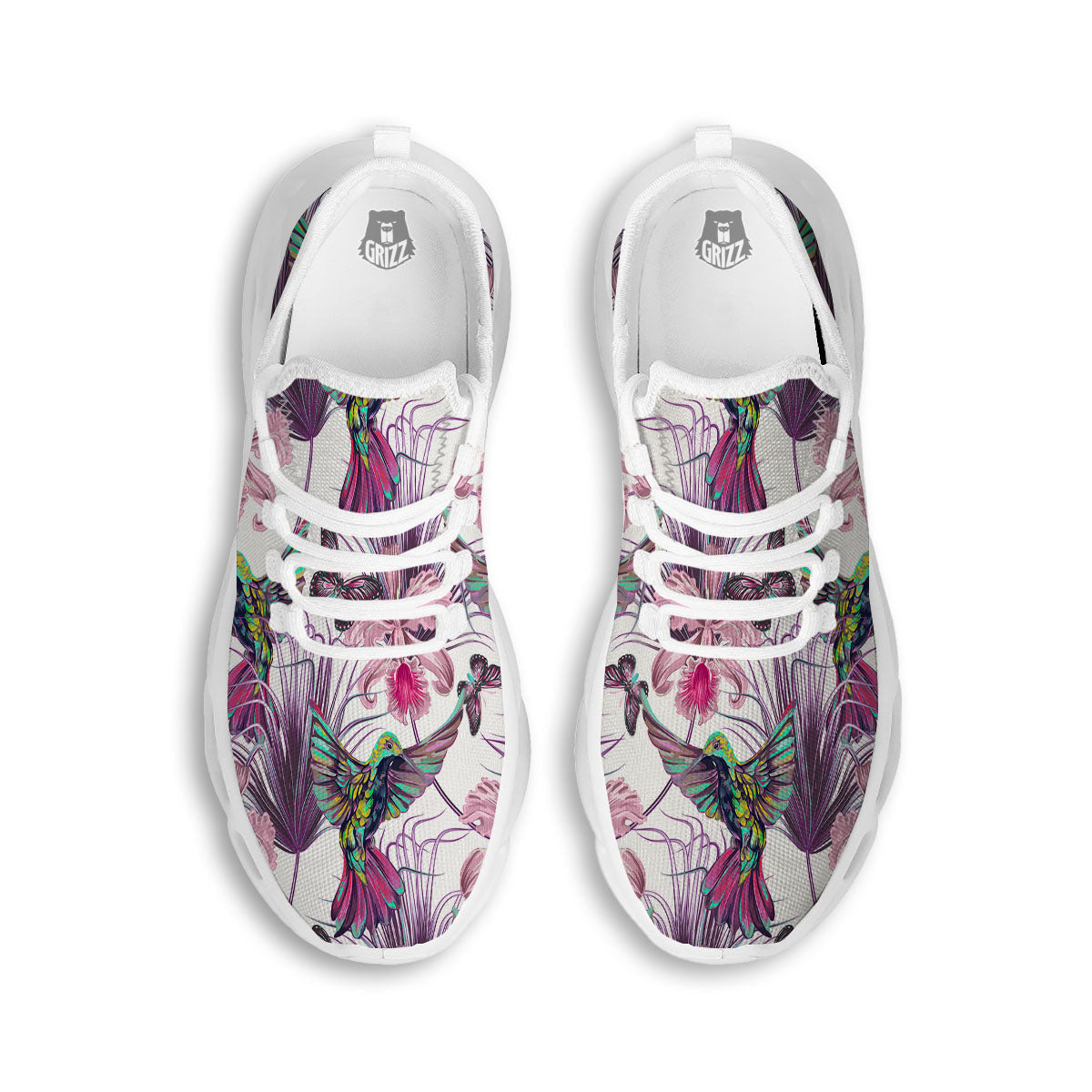 Hummingbird And Pink Flowers Print White Running Shoes-grizzshop