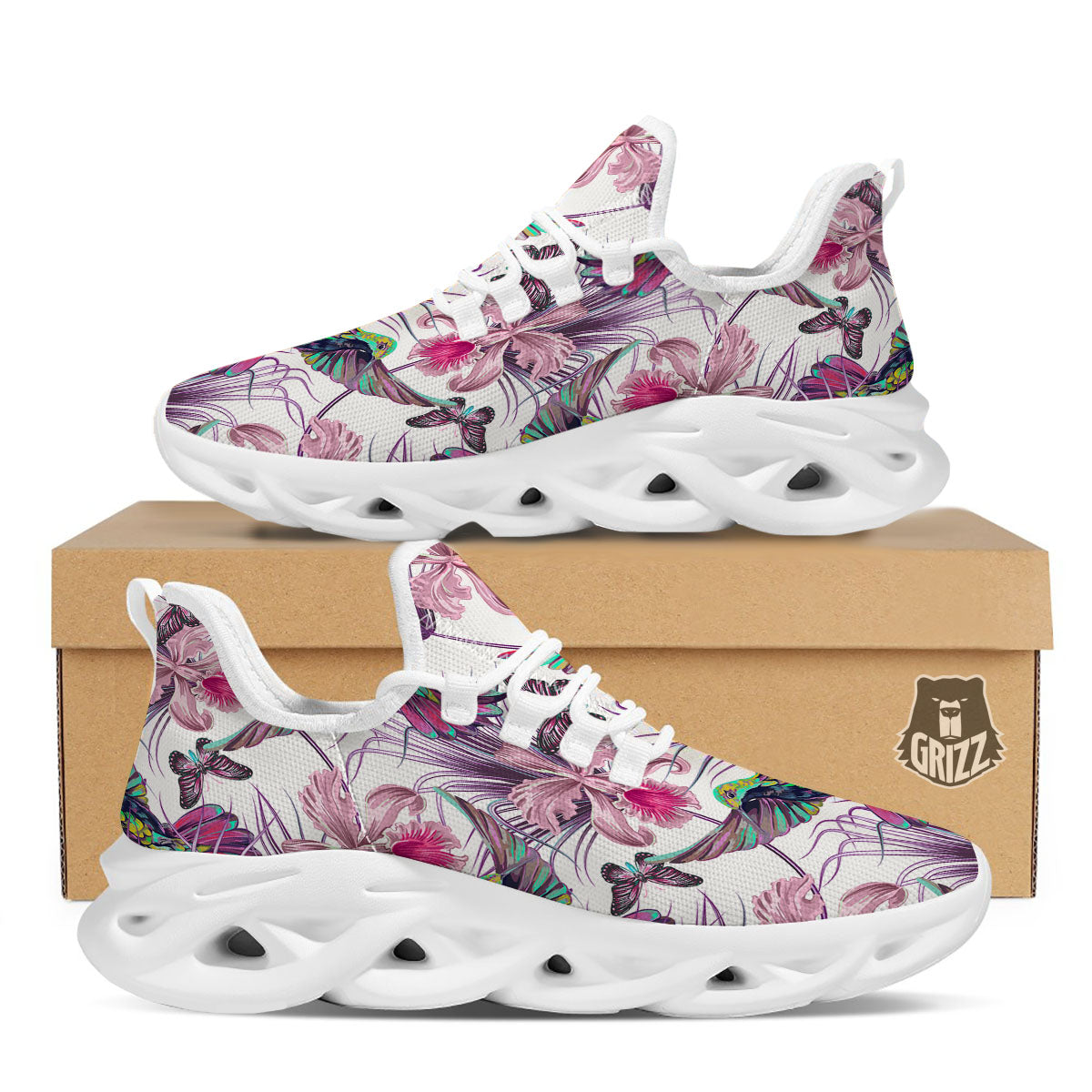 Hummingbird And Pink Flowers Print White Running Shoes-grizzshop