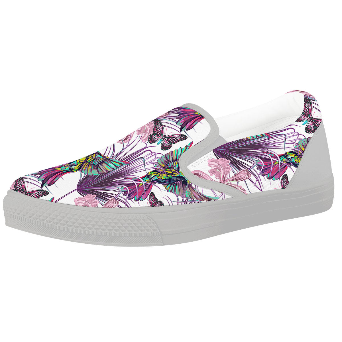 Hummingbird And Pink Flowers Print White Slip On Shoes-grizzshop