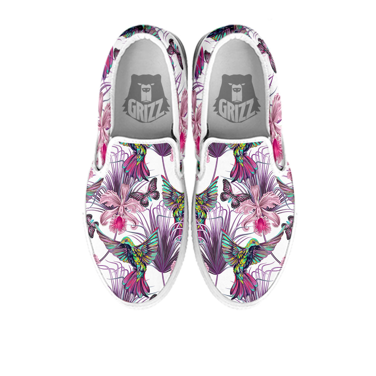 Hummingbird And Pink Flowers Print White Slip On Shoes-grizzshop