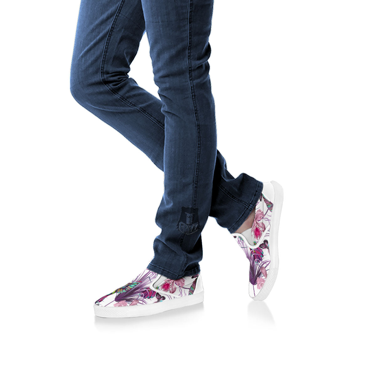 Hummingbird And Pink Flowers Print White Slip On Shoes-grizzshop