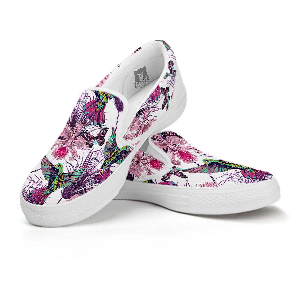 Hummingbird And Pink Flowers Print White Slip On Shoes-grizzshop