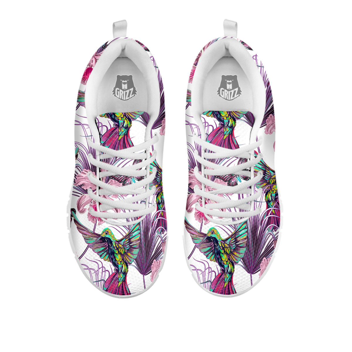 Hummingbird And Pink Flowers Print White Sneaker-grizzshop