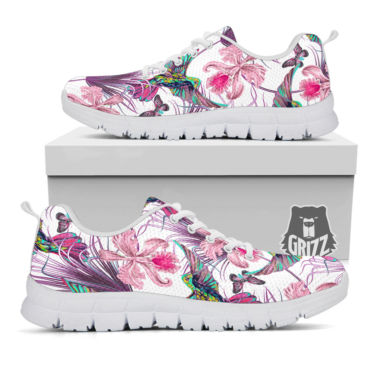 Hummingbird And Pink Flowers Print White Sneaker-grizzshop