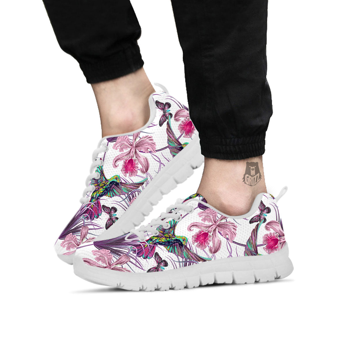 Hummingbird And Pink Flowers Print White Sneaker-grizzshop