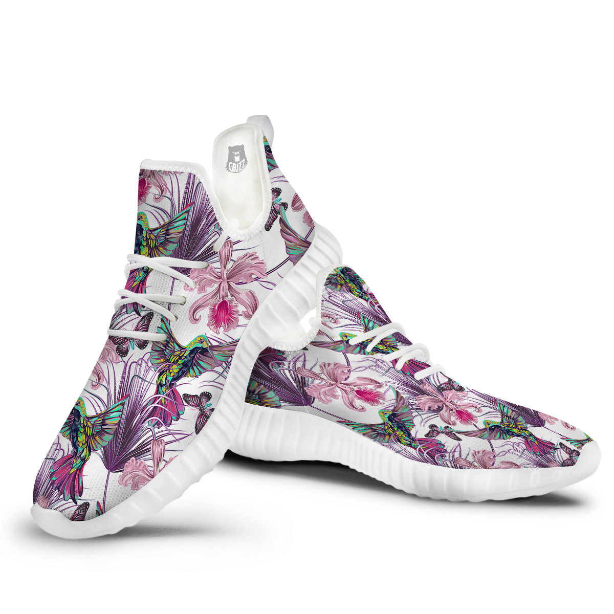 Hummingbird And Pink Flowers Print White Walking Shoes-grizzshop