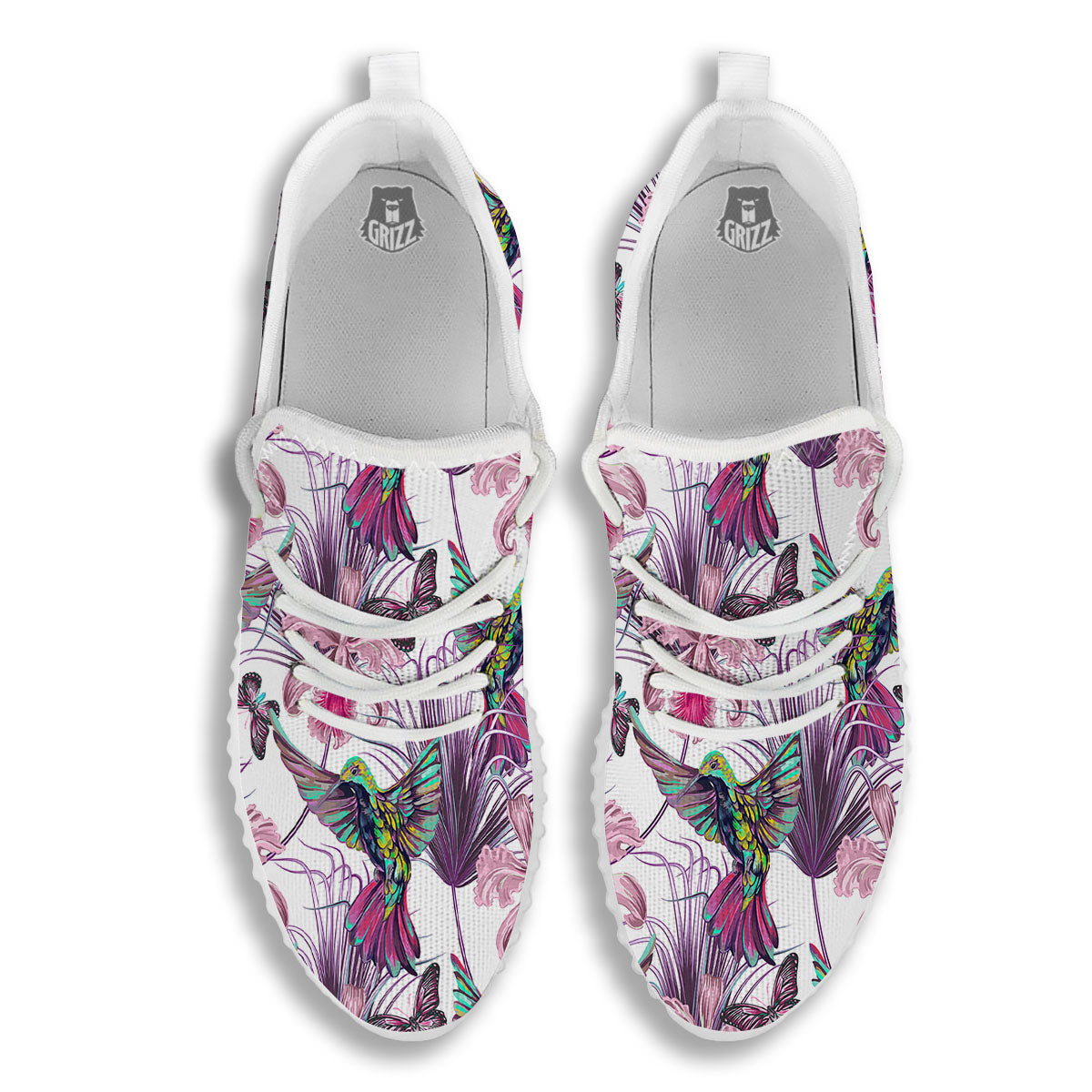 Hummingbird And Pink Flowers Print White Walking Shoes-grizzshop