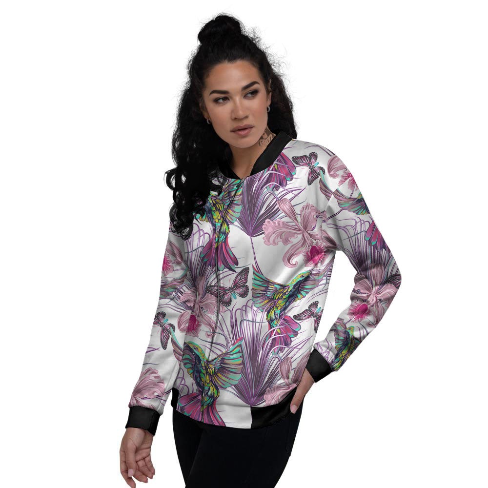 Hummingbird And Pink Flowers Print Women's Bomber Jacket-grizzshop