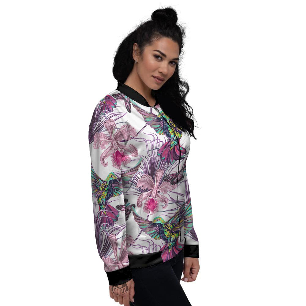 Hummingbird And Pink Flowers Print Women's Bomber Jacket-grizzshop
