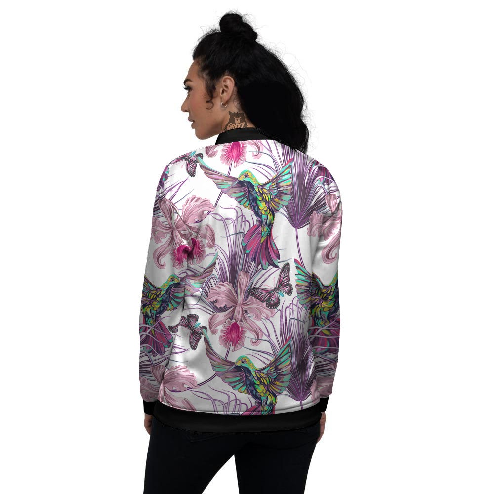 Hummingbird And Pink Flowers Print Women's Bomber Jacket-grizzshop