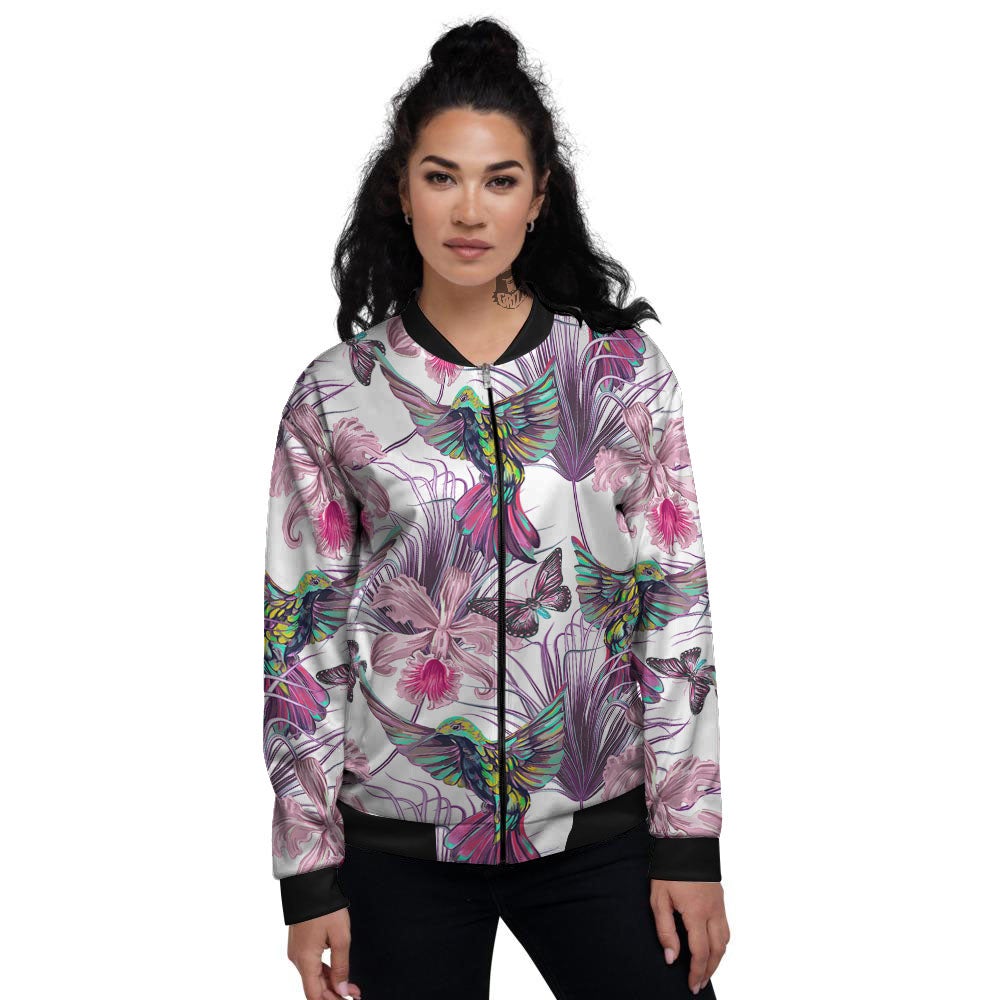 Hummingbird And Pink Flowers Print Women's Bomber Jacket-grizzshop