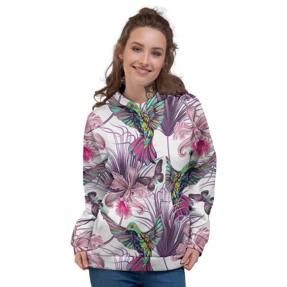 Hummingbird And Pink Flowers Print Women's Hoodie-grizzshop