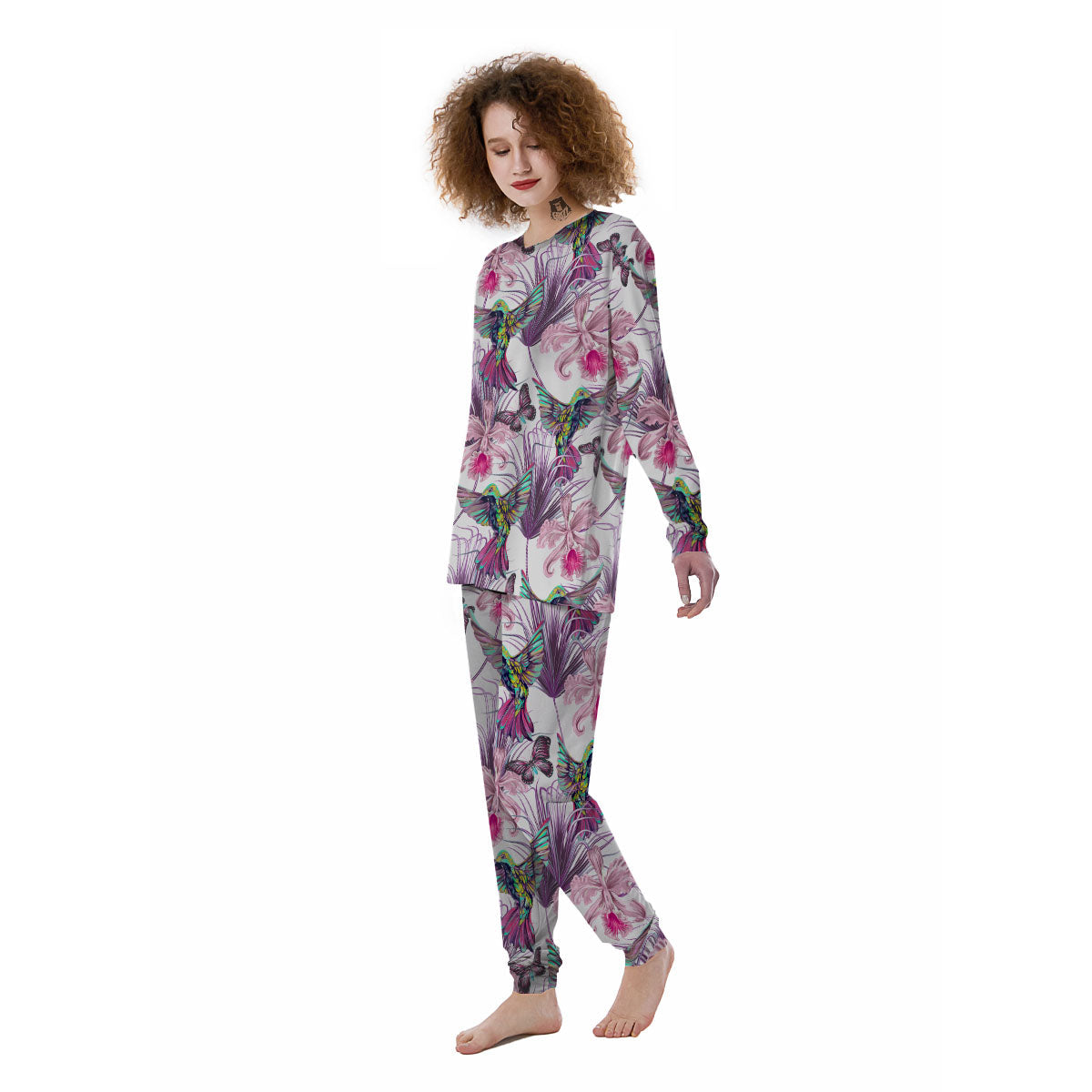 Hummingbird And Pink Flowers Print Women's Pajamas-grizzshop