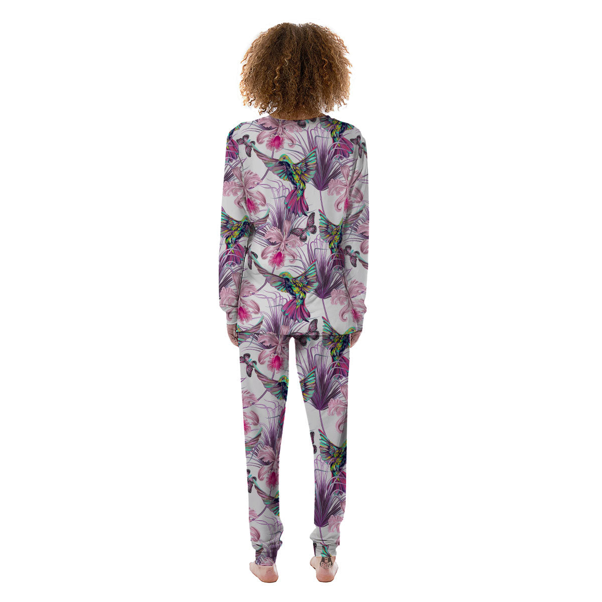 Hummingbird And Pink Flowers Print Women's Pajamas-grizzshop