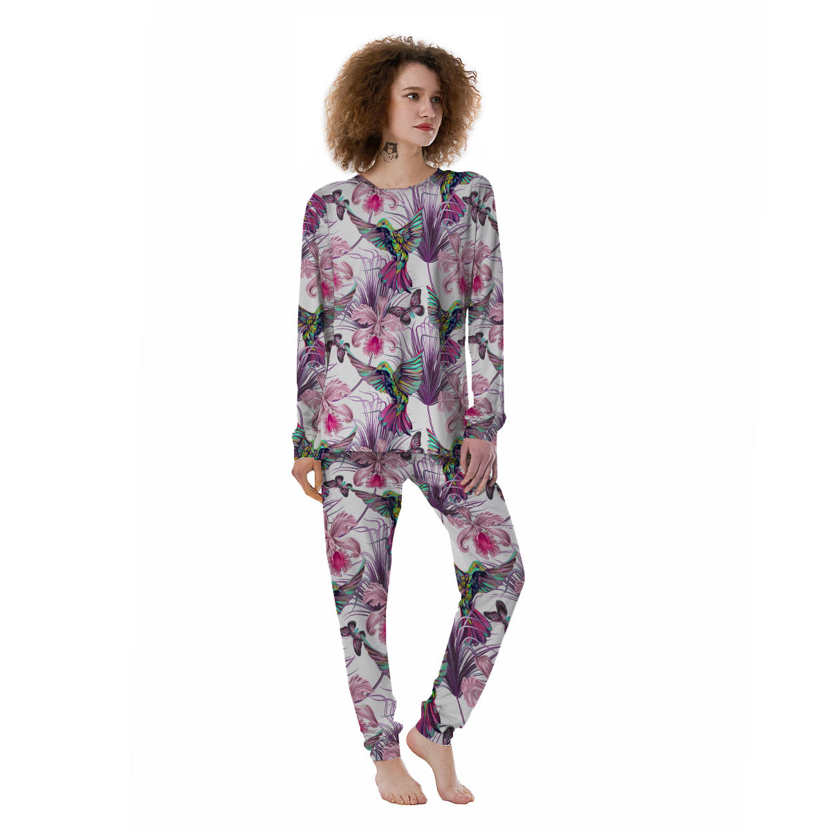 Hummingbird And Pink Flowers Print Women's Pajamas-grizzshop