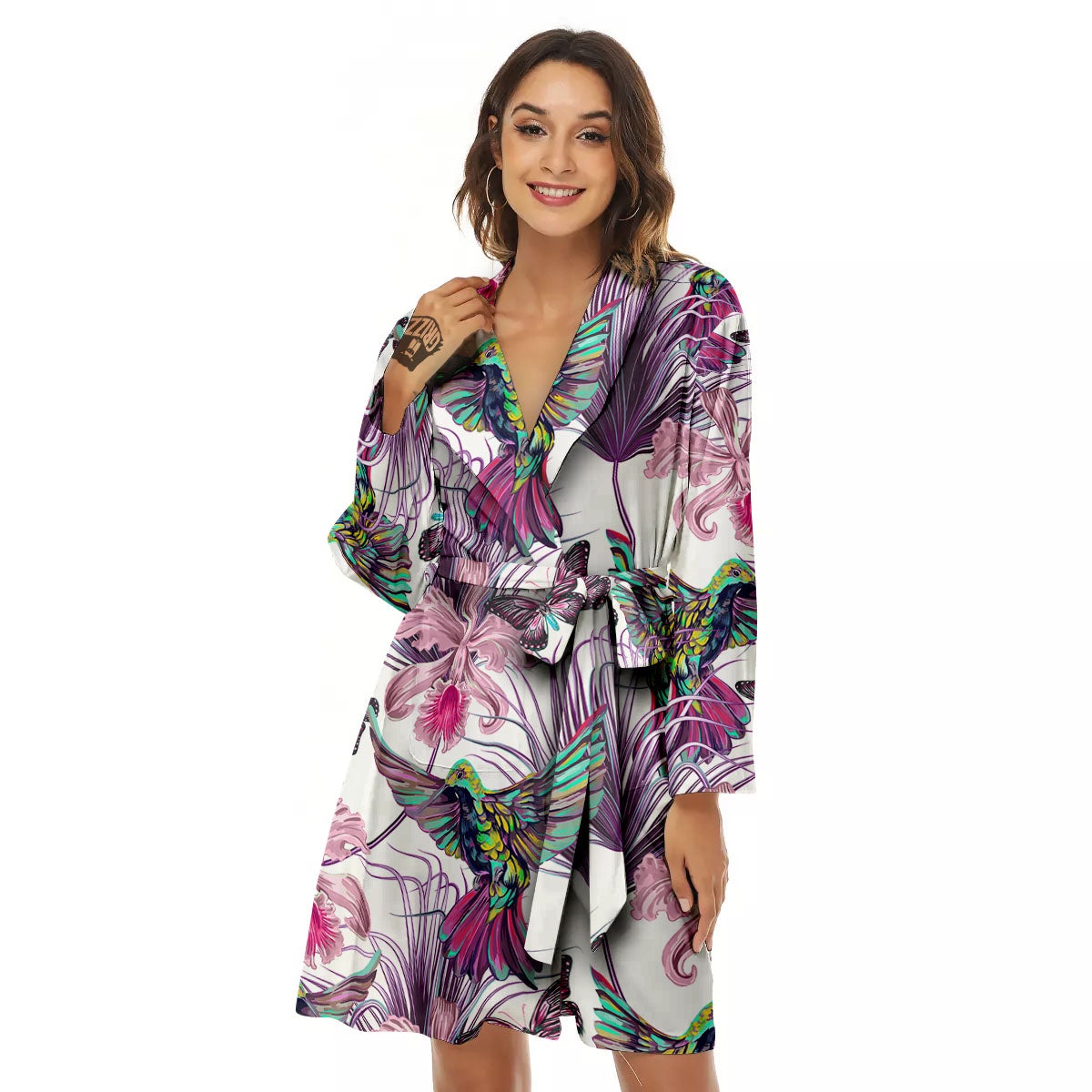 Hummingbird And Pink Flowers Print Women's Robe-grizzshop
