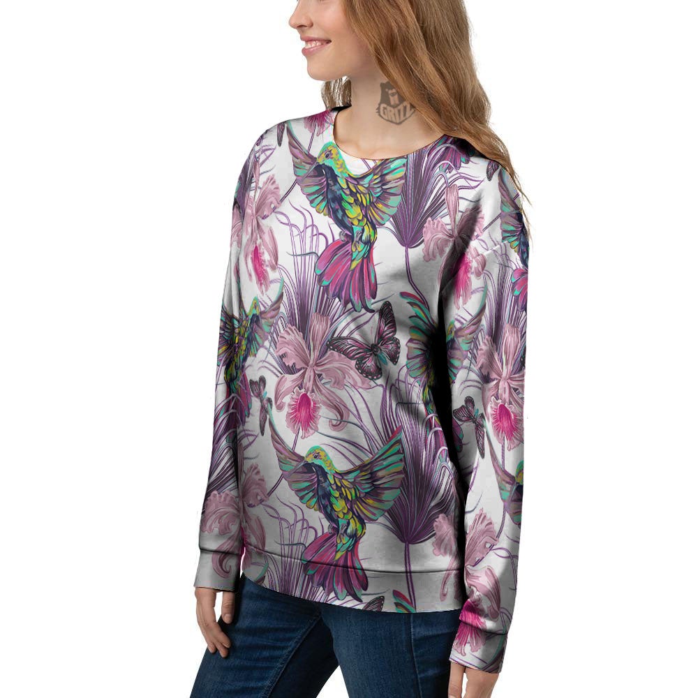 Hummingbird And Pink Flowers Print Women's Sweatshirt-grizzshop