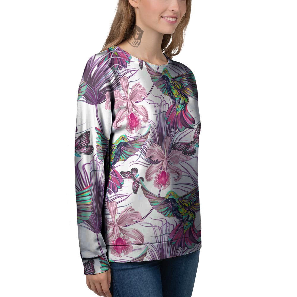 Hummingbird And Pink Flowers Print Women's Sweatshirt-grizzshop