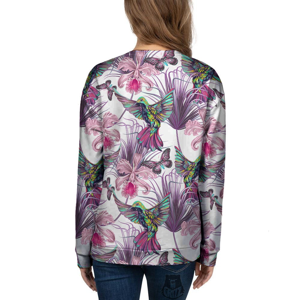 Hummingbird And Pink Flowers Print Women's Sweatshirt-grizzshop