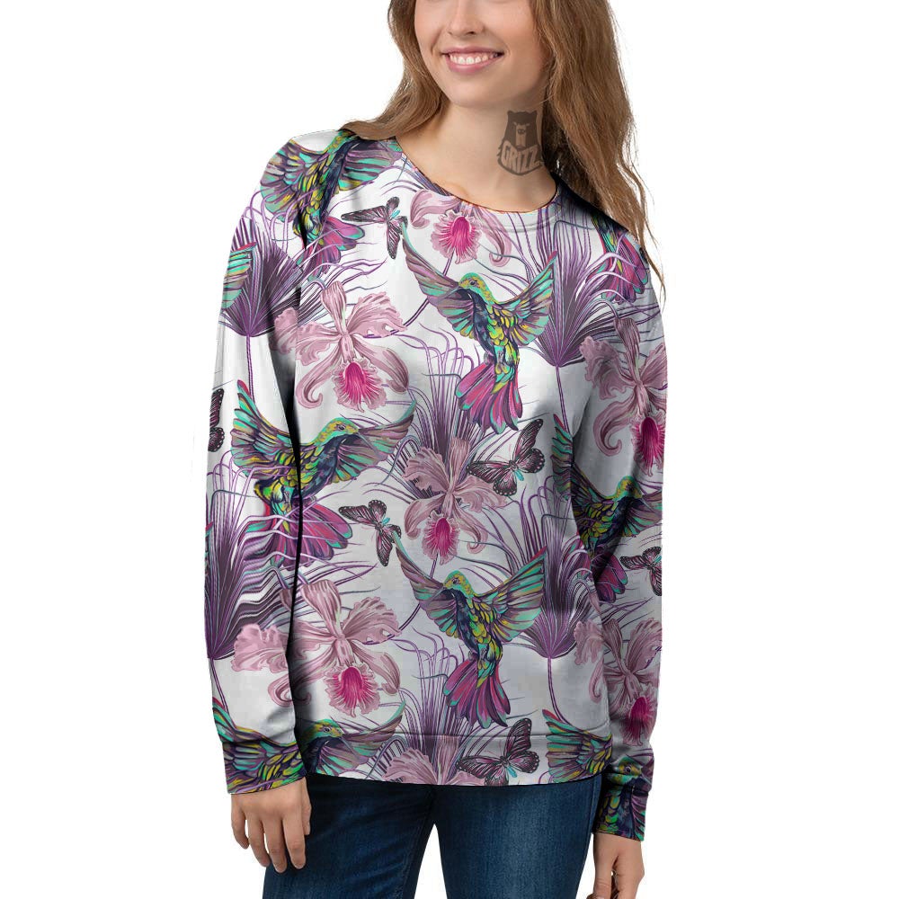 Hummingbird And Pink Flowers Print Women's Sweatshirt-grizzshop