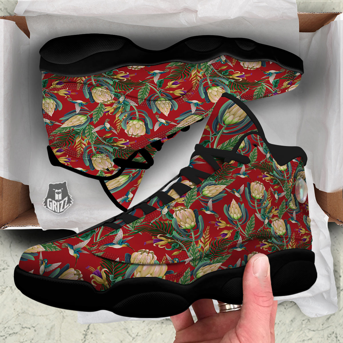 Hummingbird And Wild Flowers Print Pattern Black Basketball Shoes-grizzshop