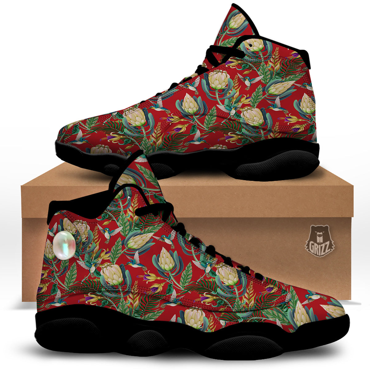 Hummingbird And Wild Flowers Print Pattern Black Basketball Shoes-grizzshop