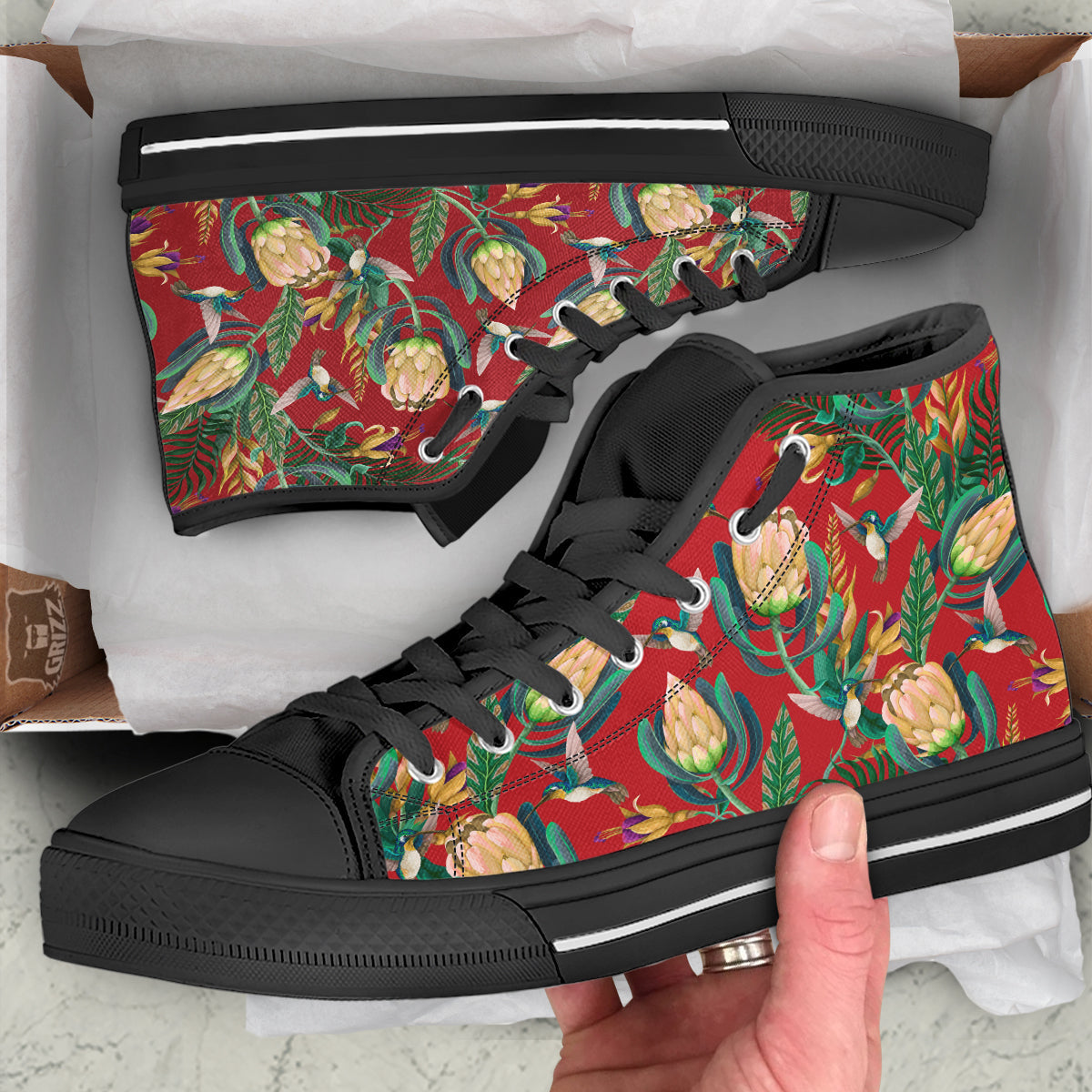 Hummingbird And Wild Flowers Print Pattern Black High Top Shoes-grizzshop