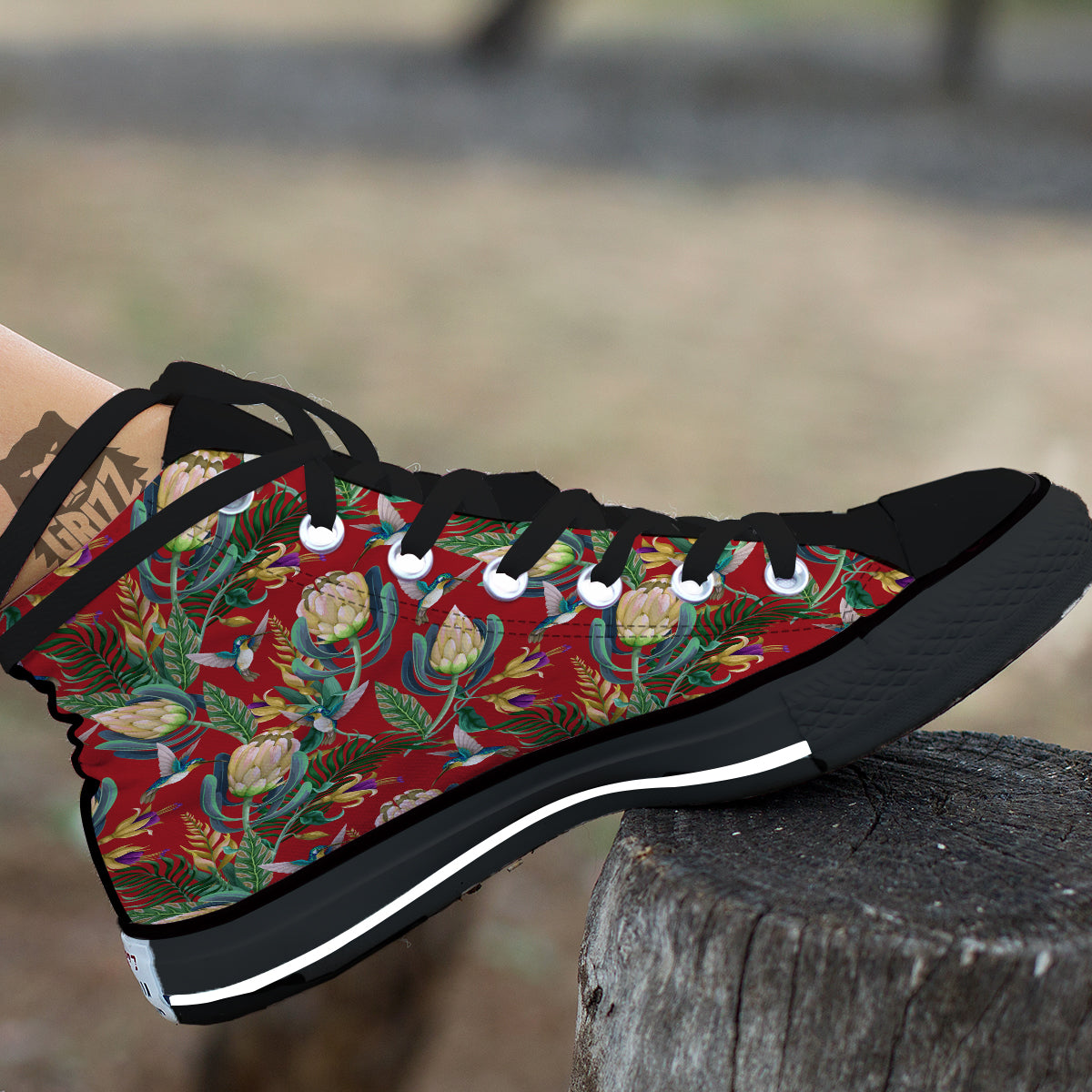 Hummingbird And Wild Flowers Print Pattern Black High Top Shoes-grizzshop