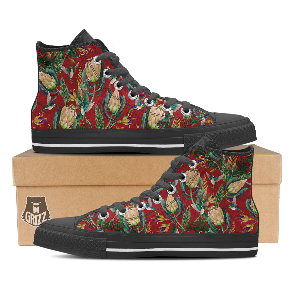 Hummingbird And Wild Flowers Print Pattern Black High Top Shoes-grizzshop