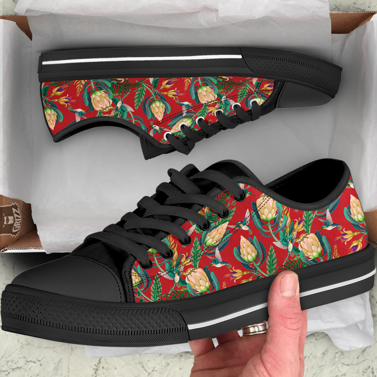 Hummingbird And Wild Flowers Print Pattern Black Low Top Shoes-grizzshop