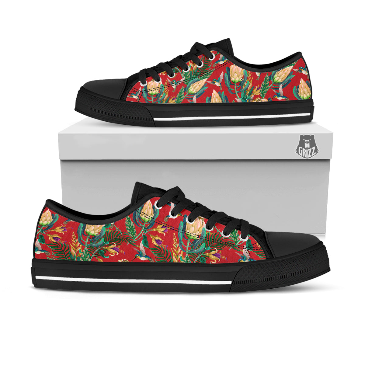 Hummingbird And Wild Flowers Print Pattern Black Low Top Shoes-grizzshop