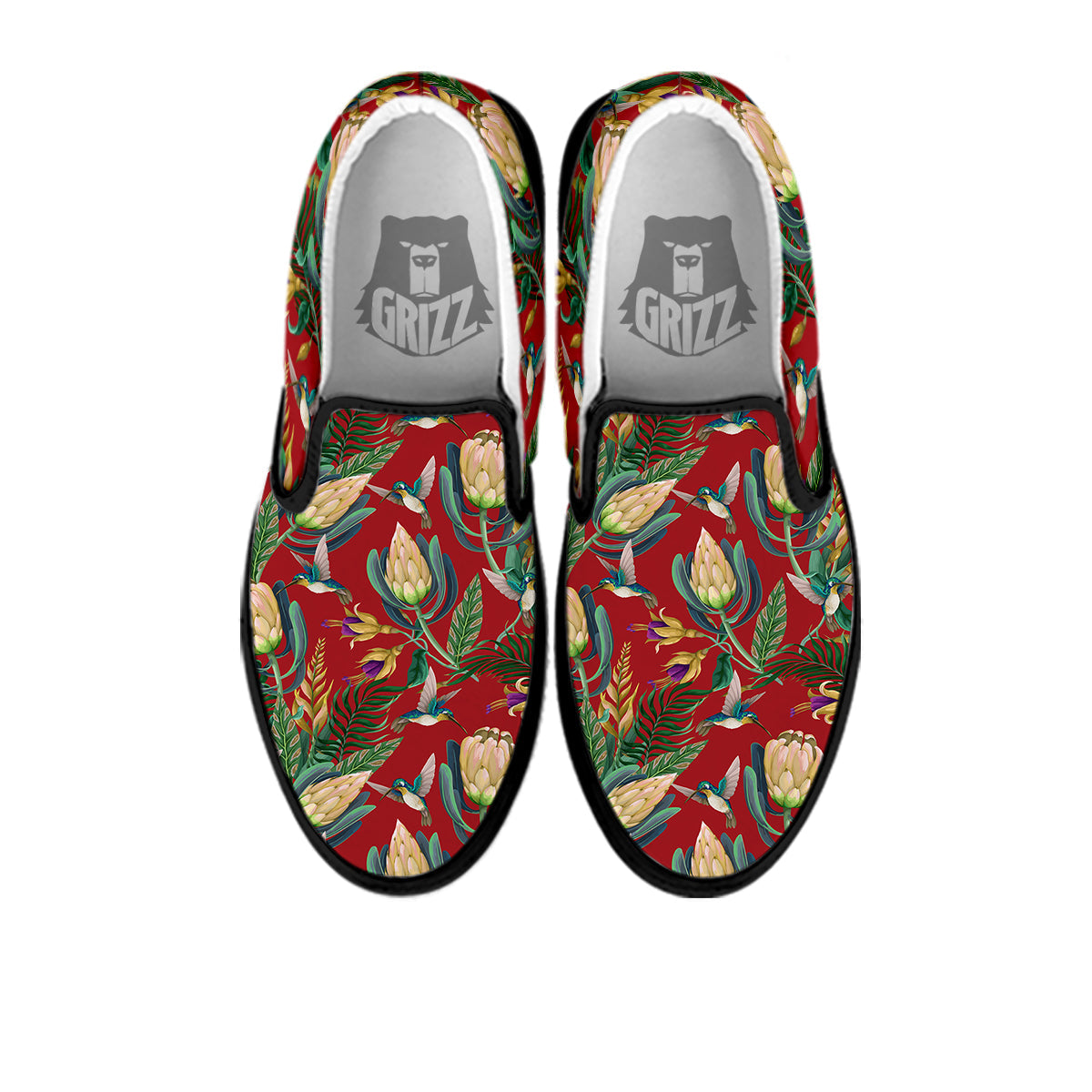 Hummingbird And Wild Flowers Print Pattern Black Slip On Shoes-grizzshop
